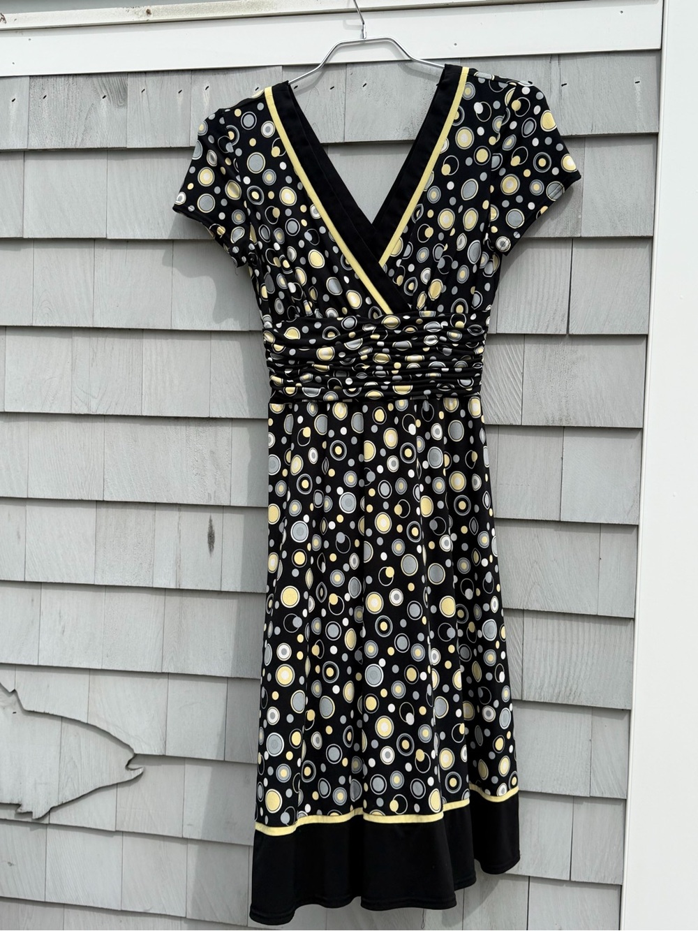 Sandra Darren Black Midi Dress with Yellow and Gray Polka Circles